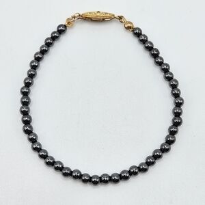 VINTAGE Dainty Hematite Beaded Bracelet Gold Tone Ornate Box Hook Clasp